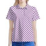 Light Purple And White Checkered Print Women's Polo Shirt