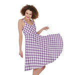 Light Purple And White Checkered Print Women's Sleeveless Dress