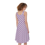 Light Purple And White Checkered Print Women's Sleeveless Dress