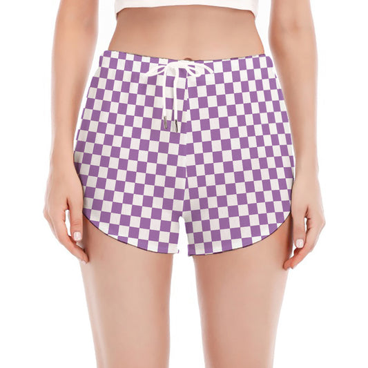 Light Purple And White Checkered Print Women's Split Running Shorts