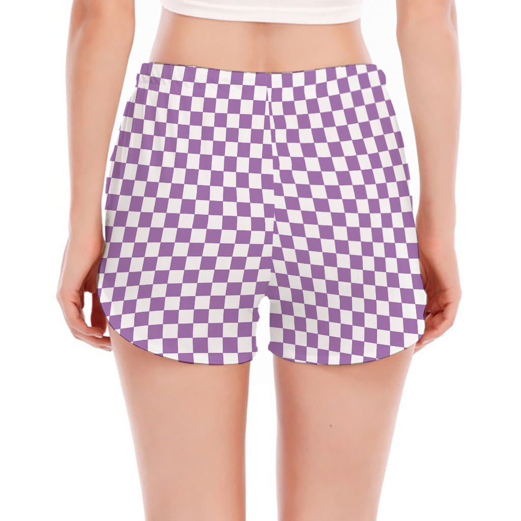Light Purple And White Checkered Print Women's Split Running Shorts