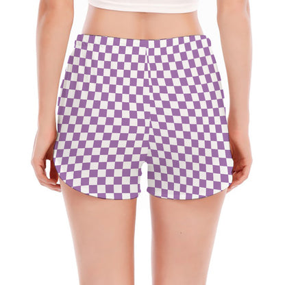 Light Purple And White Checkered Print Women's Split Running Shorts