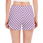 Light Purple And White Checkered Print Women's Split Running Shorts