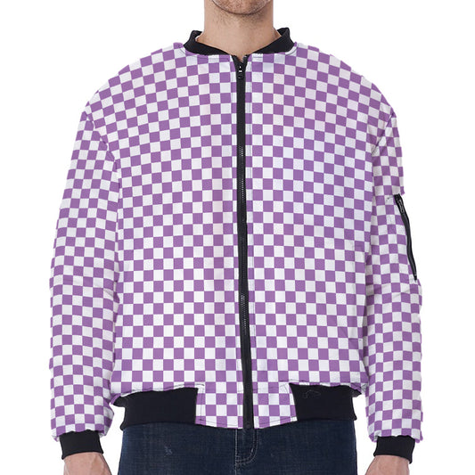 Light Purple And White Checkered Print Zip Sleeve Bomber Jacket