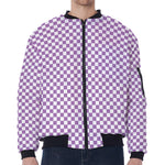 Light Purple And White Checkered Print Zip Sleeve Bomber Jacket