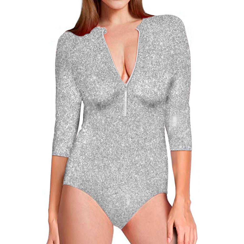 Light Silver Glitter Artwork Print (NOT Real Glitter) Long Sleeve Swimsuit