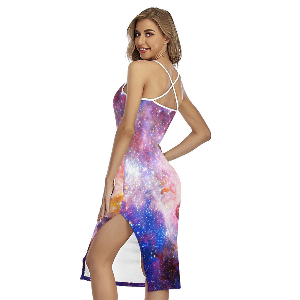Light Stardust Galaxy Deep Space Print Cross Back Cami Dress