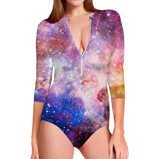 Light Stardust Galaxy Deep Space Print Long Sleeve Swimsuit