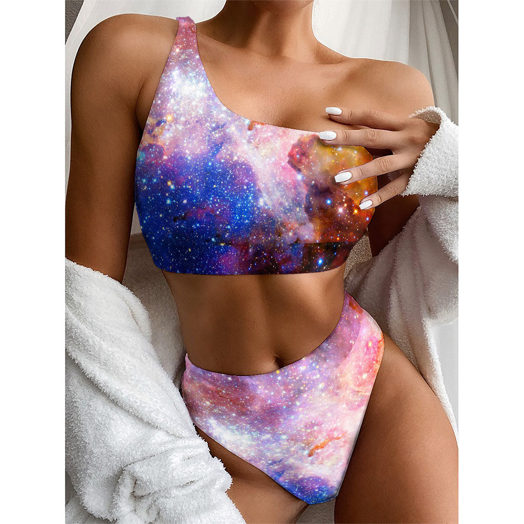 Light Stardust Galaxy Deep Space Print One Shoulder Bikini Top