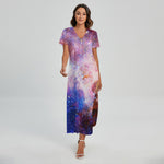 Light Stardust Galaxy Deep Space Print Short Sleeve Maxi Dress
