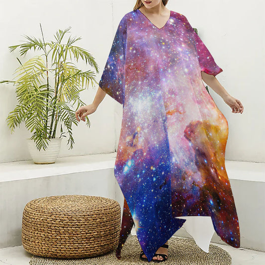 Light Stardust Galaxy Deep Space Print Silk V-Neck Kaftan Dress