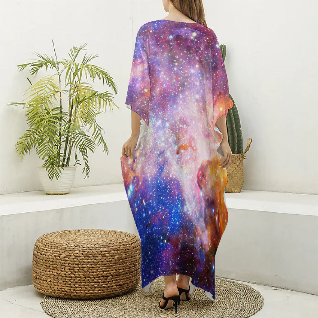 Light Stardust Galaxy Deep Space Print Silk V-Neck Kaftan Dress