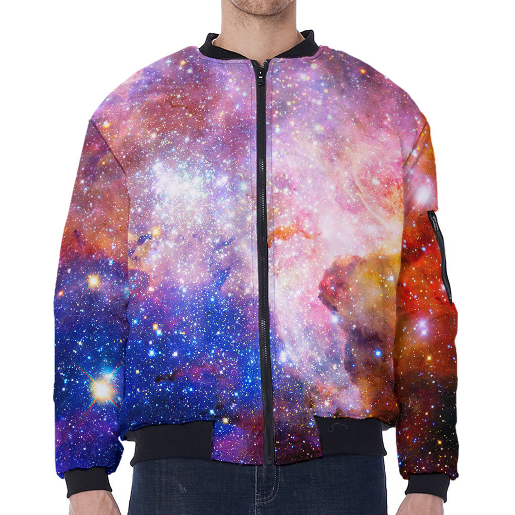 Light Stardust Galaxy Deep Space Print Zip Sleeve Bomber Jacket