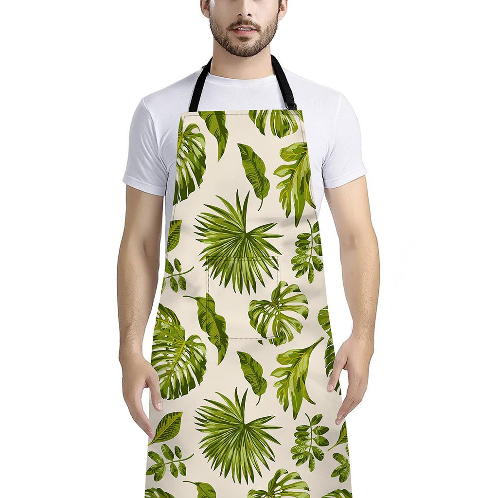 Light Tropical Leaf Pattern Print Bib Apron With Pocket