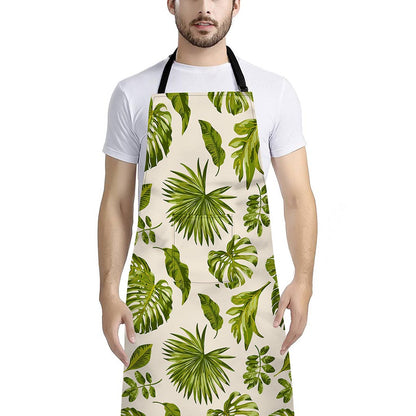 Light Tropical Leaf Pattern Print Bib Apron With Pocket