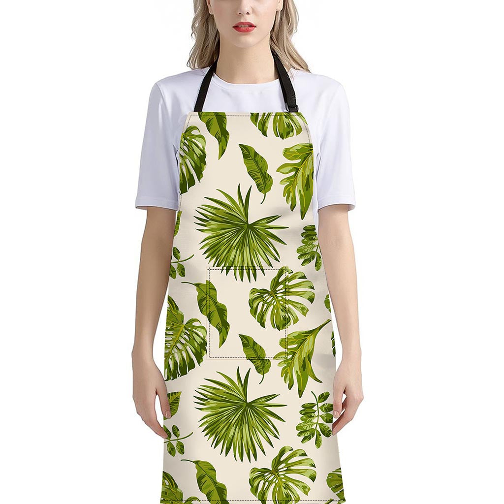 Light Tropical Leaf Pattern Print Bib Apron With Pocket
