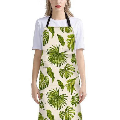 Light Tropical Leaf Pattern Print Bib Apron With Pocket