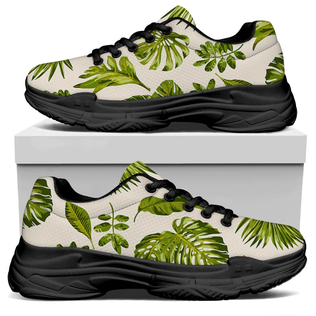 Light Tropical Leaf Pattern Print Black Chunky Shoes