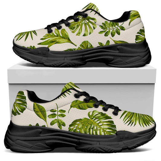 Light Tropical Leaf Pattern Print Black Chunky Shoes