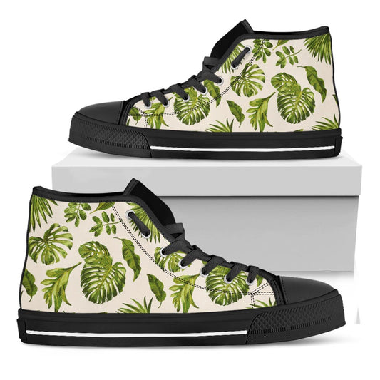 Light Tropical Leaf Pattern Print Black High Top Sneakers