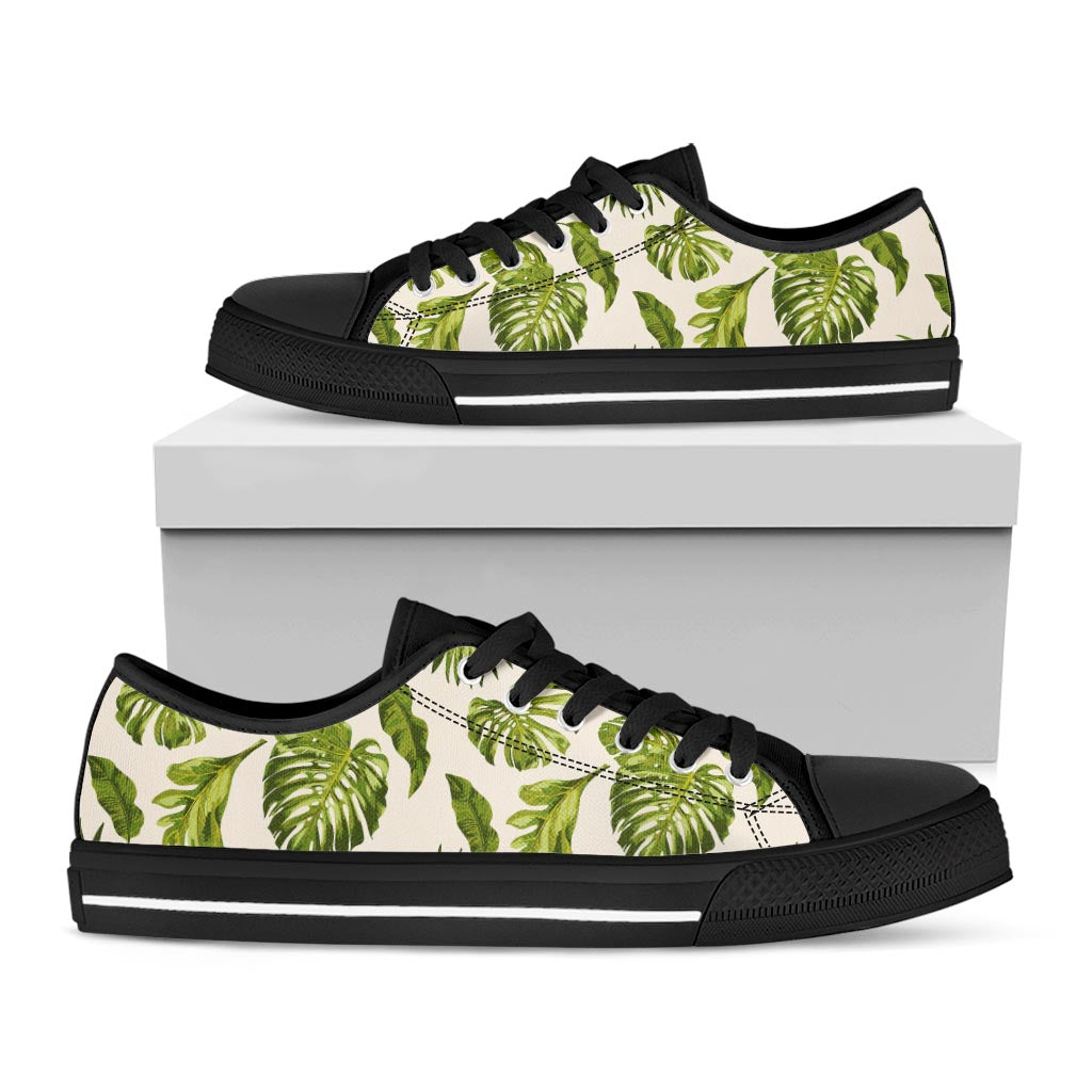 Light Tropical Leaf Pattern Print Black Low Top Sneakers