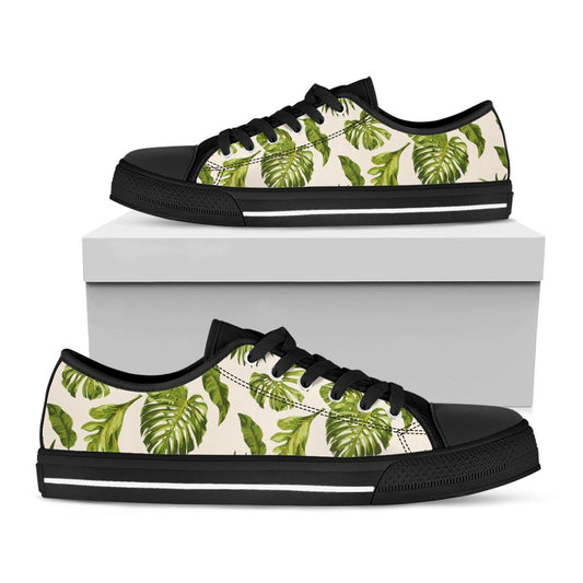 Light Tropical Leaf Pattern Print Black Low Top Sneakers