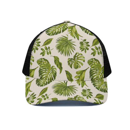 Light Tropical Leaf Pattern Print Black Mesh Trucker Cap