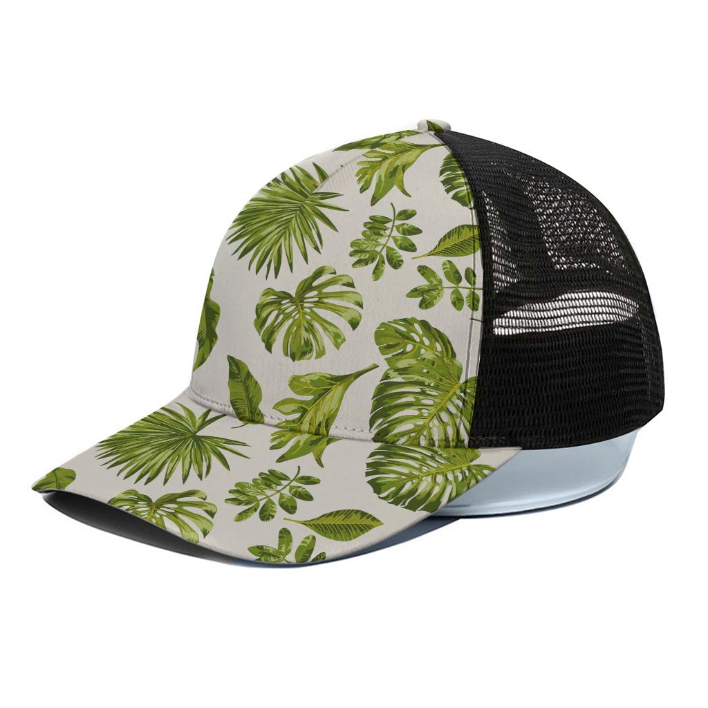 Light Tropical Leaf Pattern Print Black Mesh Trucker Cap