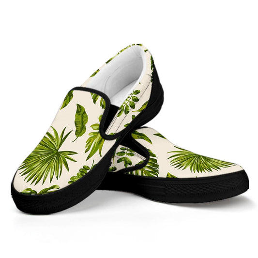 Light Tropical Leaf Pattern Print Black Slip On Sneakers