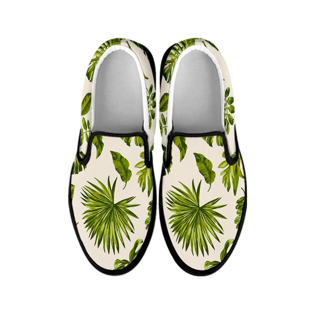 Light Tropical Leaf Pattern Print Black Slip On Sneakers