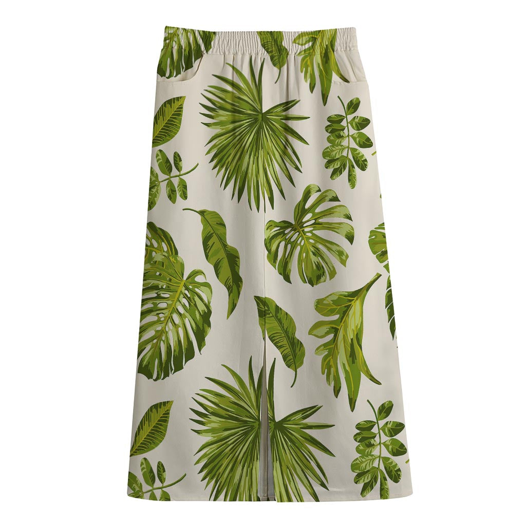 Light Tropical Leaf Pattern Print Cotton Front Slit Maxi Skirt