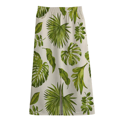 Light Tropical Leaf Pattern Print Cotton Front Slit Maxi Skirt