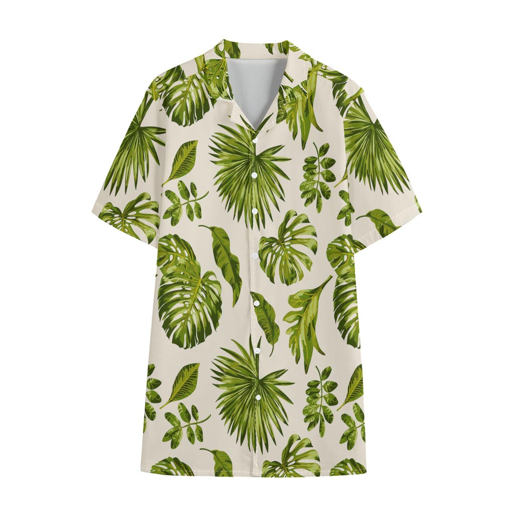 Light Tropical Leaf Pattern Print Cotton Hawaiian Shirt