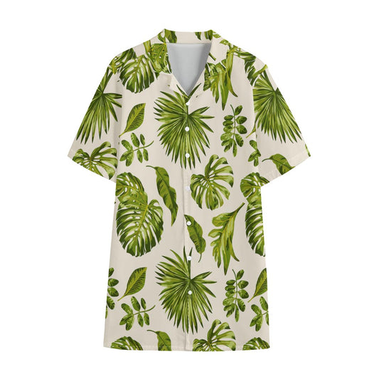 Light Tropical Leaf Pattern Print Cotton Hawaiian Shirt