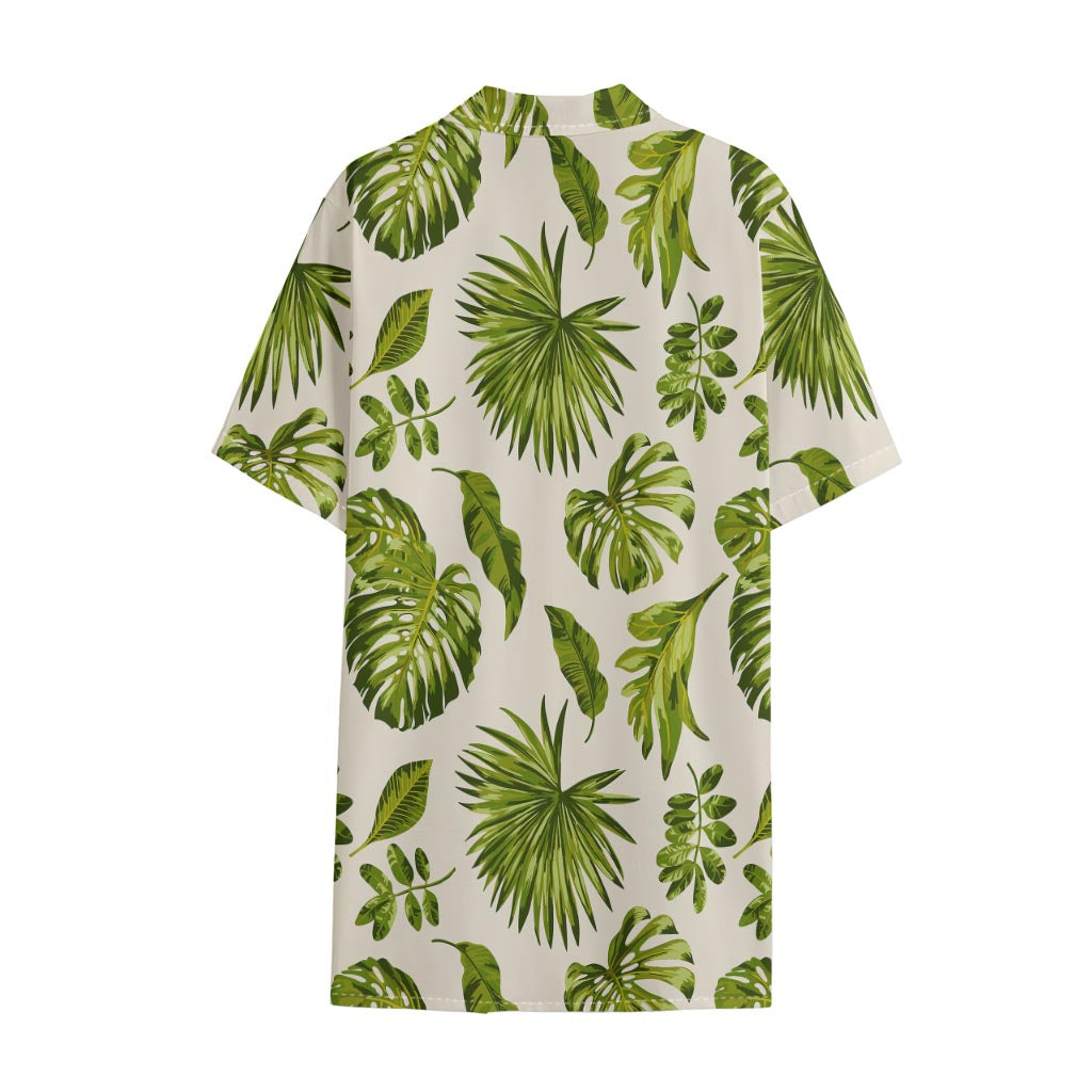 Light Tropical Leaf Pattern Print Cotton Hawaiian Shirt