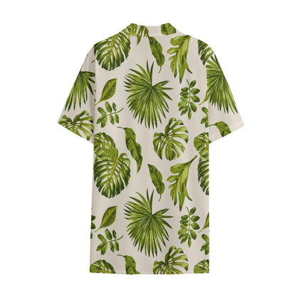 Light Tropical Leaf Pattern Print Cotton Hawaiian Shirt