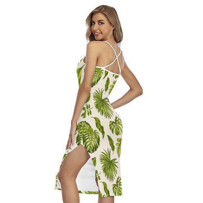 Light Tropical Leaf Pattern Print Cross Back Cami Dress