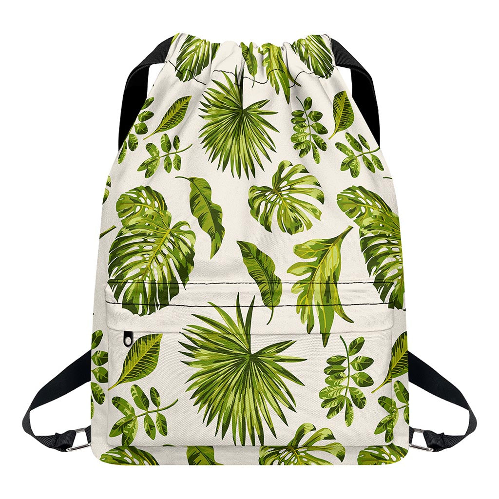 Light Tropical Leaf Pattern Print Drawstring Backpack