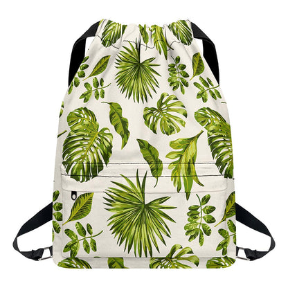 Light Tropical Leaf Pattern Print Drawstring Backpack