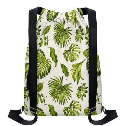 Light Tropical Leaf Pattern Print Drawstring Backpack