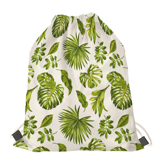 Light Tropical Leaf Pattern Print Drawstring Bag