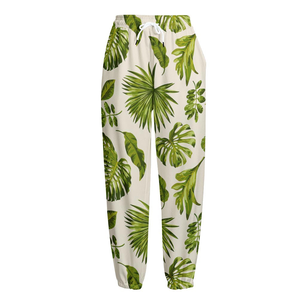 Light Tropical Leaf Pattern Print Fleece Lined Knit Pants