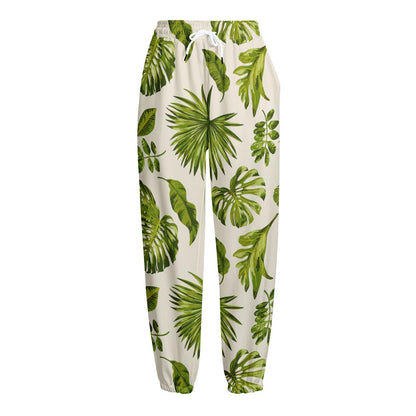 Light Tropical Leaf Pattern Print Fleece Lined Knit Pants