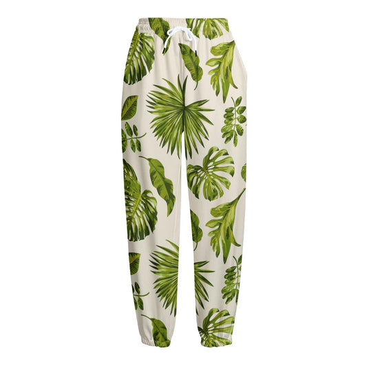 Light Tropical Leaf Pattern Print Fleece Lined Knit Pants