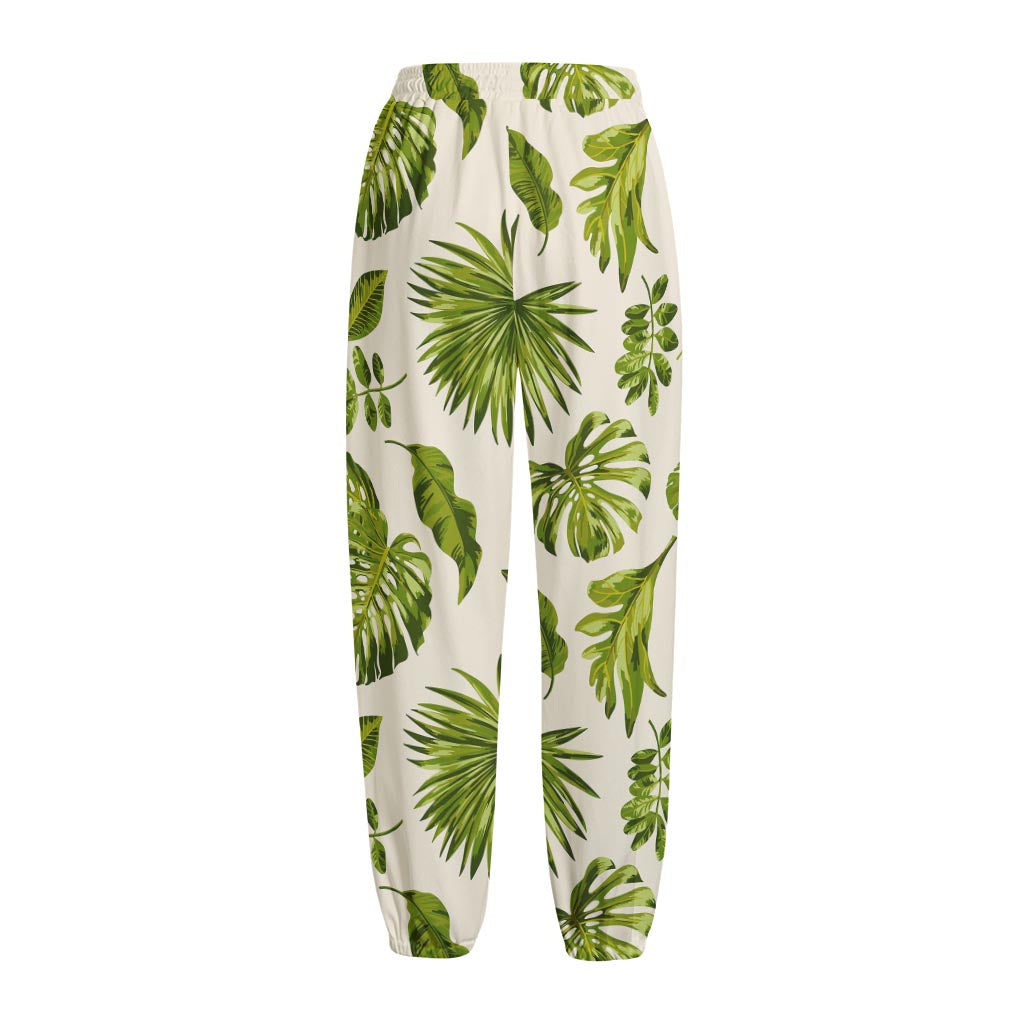 Light Tropical Leaf Pattern Print Fleece Lined Knit Pants