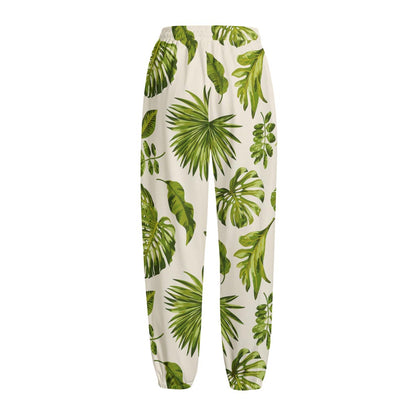 Light Tropical Leaf Pattern Print Fleece Lined Knit Pants