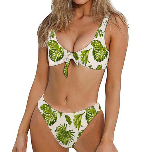 Light Tropical Leaf Pattern Print Front Bow Tie Bikini