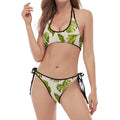Light Tropical Leaf Pattern Print Halter Scoop Tie Side Bikini