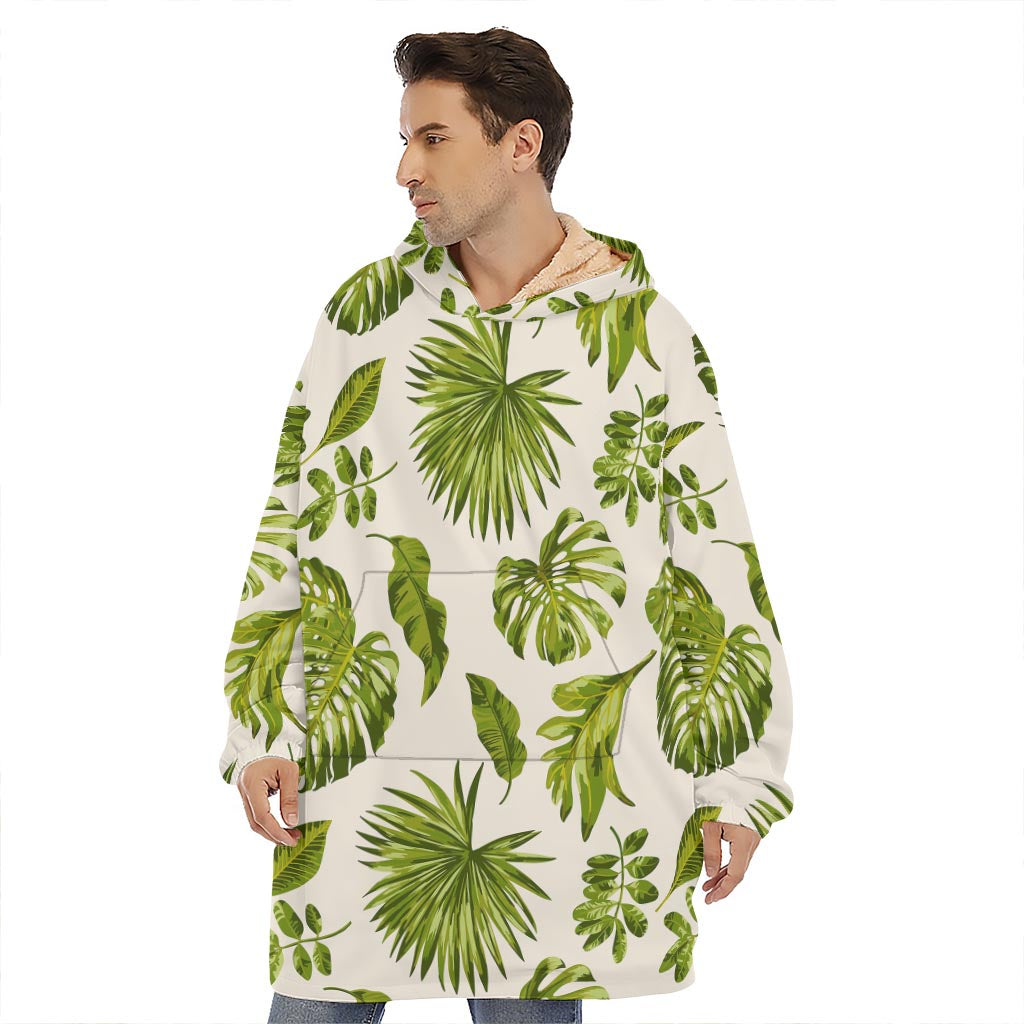 Light Tropical Leaf Pattern Print Hoodie Blanket