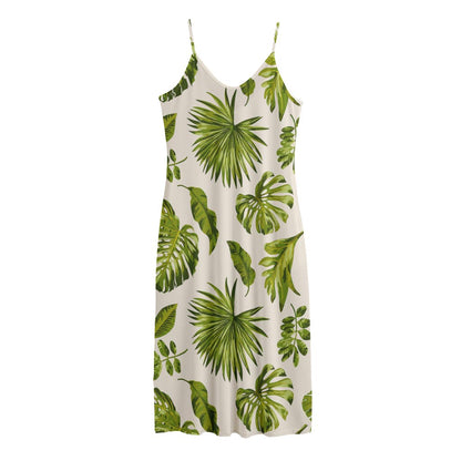 Light Tropical Leaf Pattern Print Jersey Midi Cami Dress